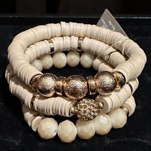K536 Garden Party Three Strand Light Cream & Gold Rubber Beaded Bracelet NWT